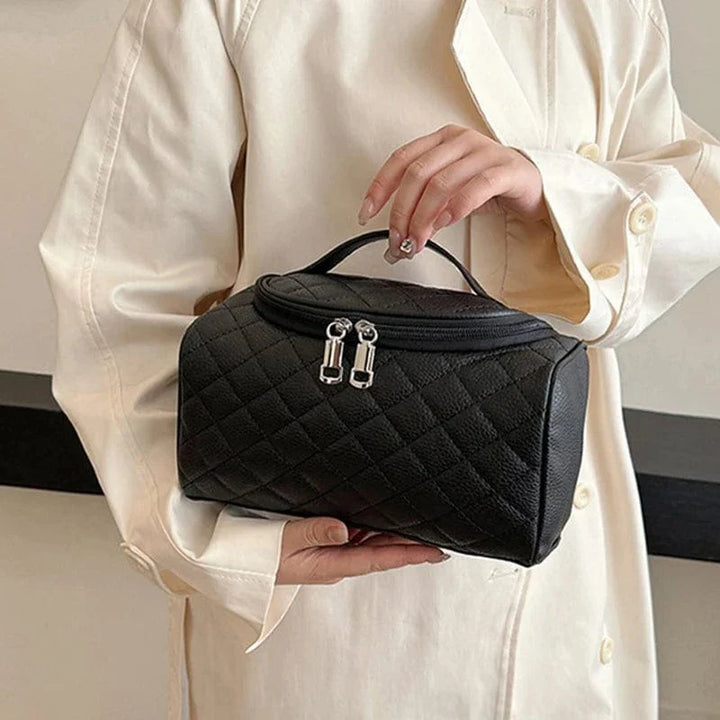 Trousse de toilette femme couleur unie en cuir PU noir, accessoire de voyage compact