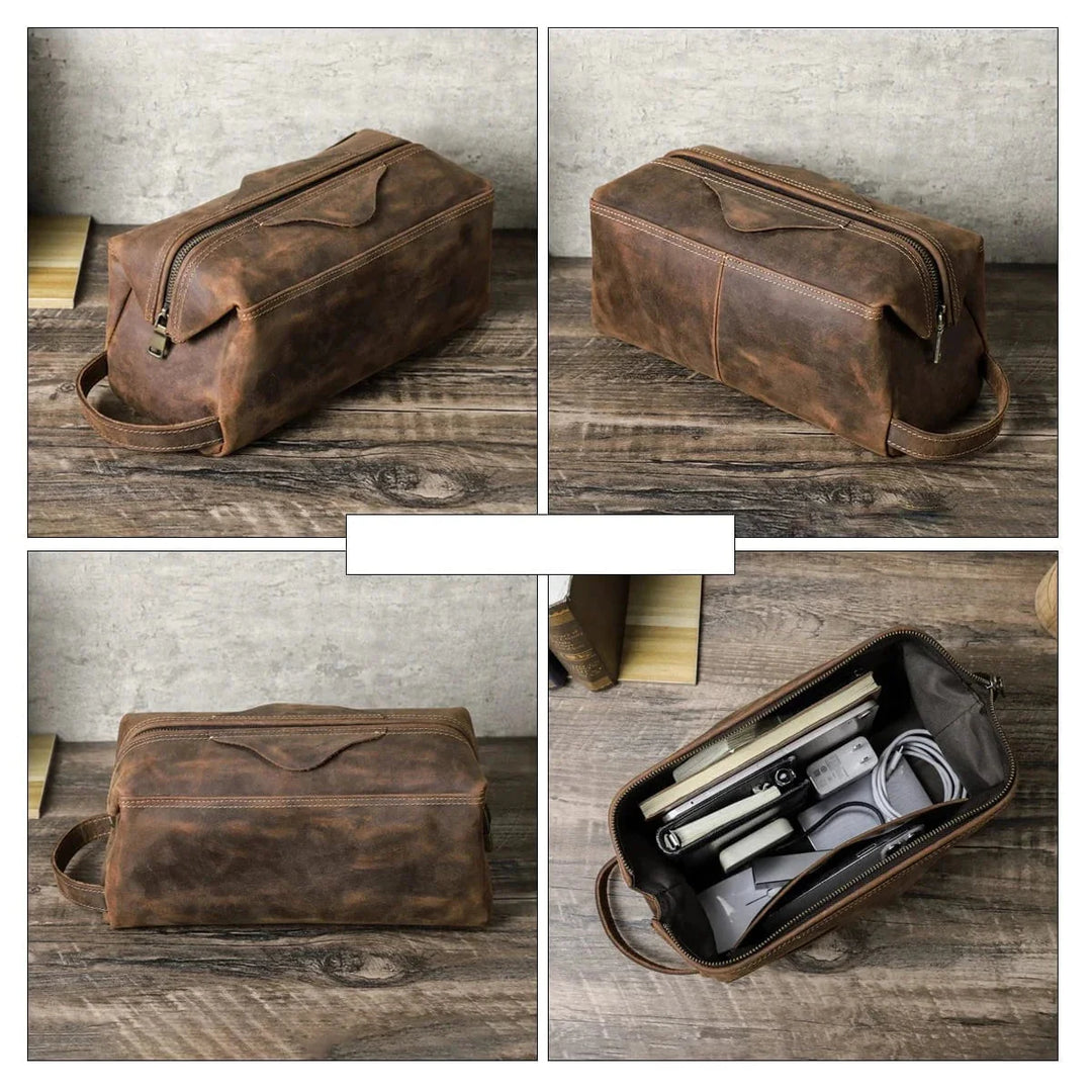 Trousse de toilette en cuir foncé pour homme, accessoire de voyage compact et stylé