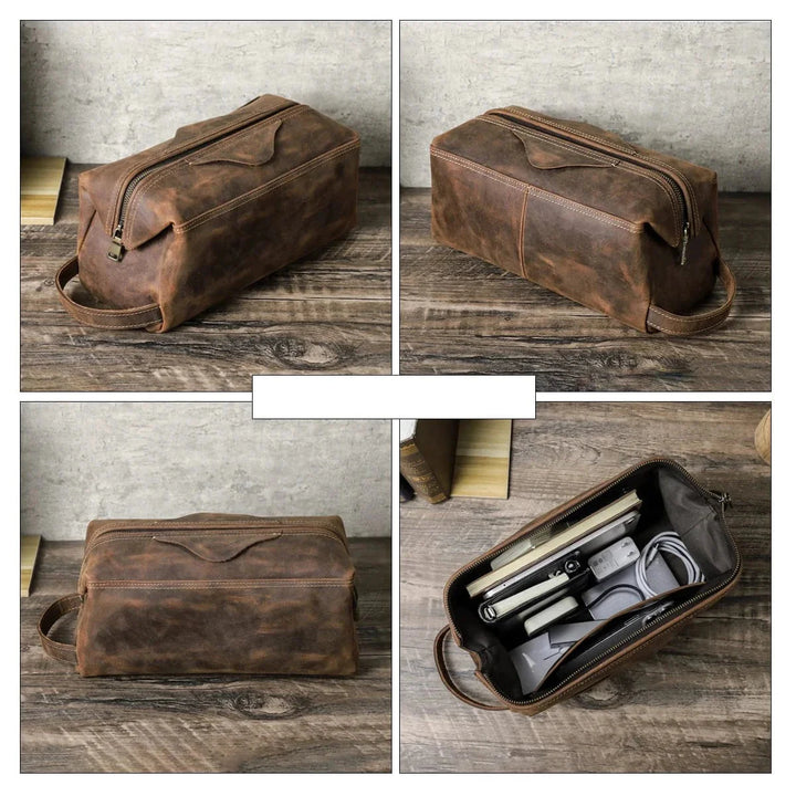 Trousse de toilette en cuir foncé pour homme, accessoire de voyage compact et stylé