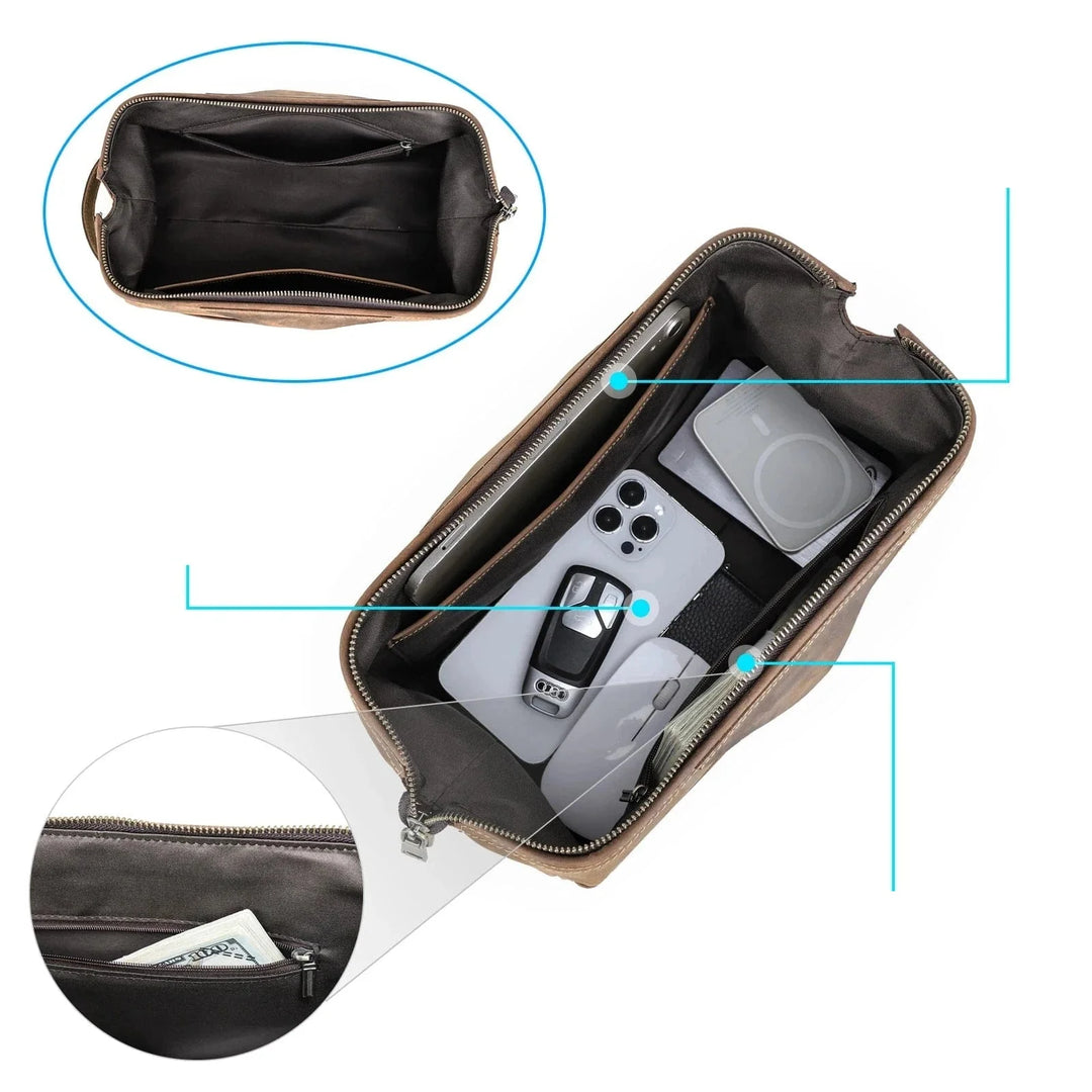 Trousse de toilette en cuir de couleur café avec fermeture éclair, conçue pour les hommes en voyage