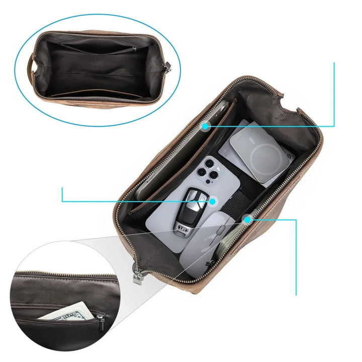Trousse de toilette en cuir de couleur café avec fermeture éclair, conçue pour les hommes en voyage