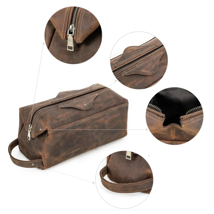 Vue détaillée d'une trousse de toilette homme en cuir, montrant la texture raffinée de la maroquinerie