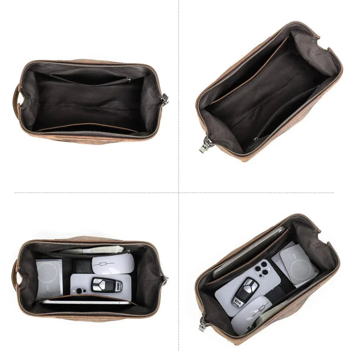 Accessoire de maroquinerie homme: trousse de toilette en cuir pour produits de soin et organisation de voyage