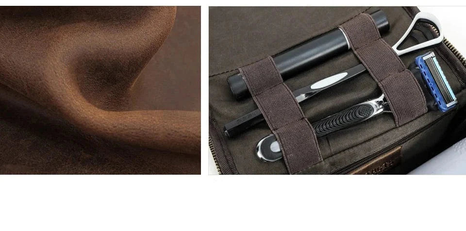 Trousse de toilette en cuir café, pour homme, luxueuse et personnalisée, idéale pour organiser les essentiels.