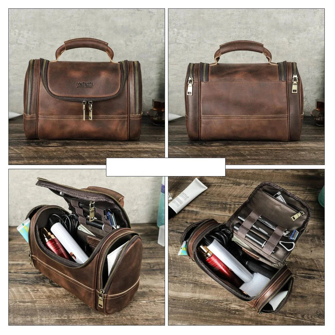 Gros plan sur le cuir café de la trousse de toilette homme, avec gravure personnalisée discrète.