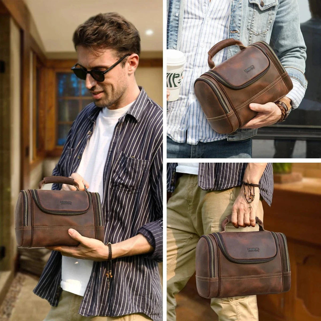 Trousse de toilette de voyage pour homme en cuir, couleur café, posée sur une mallette, prête pour le départ.