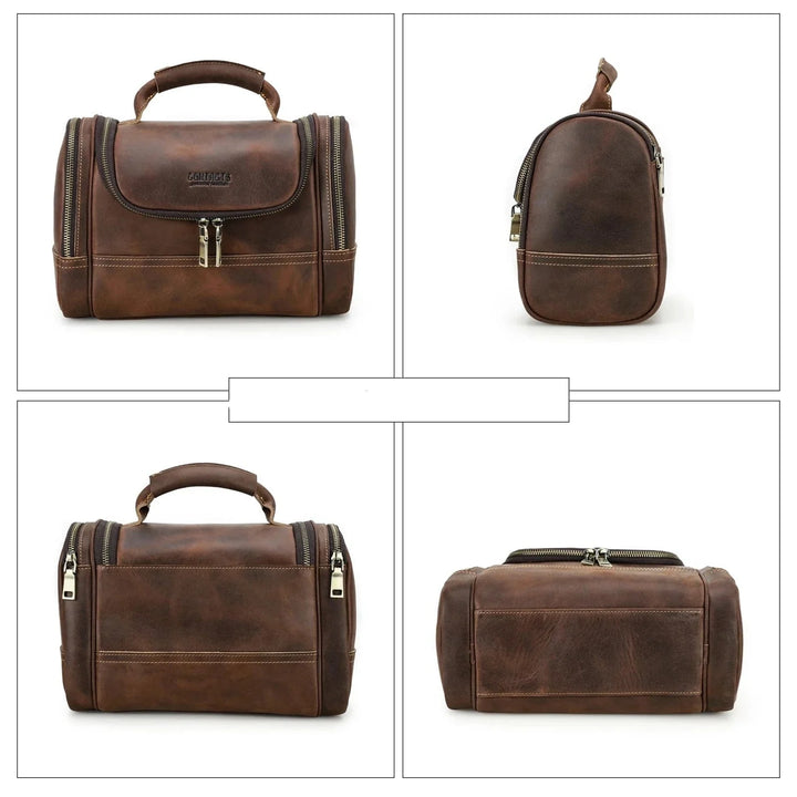 Accessoire de luxe pour homme : trousse de toilette en cuir café avec fermeture éclair métallique robuste.