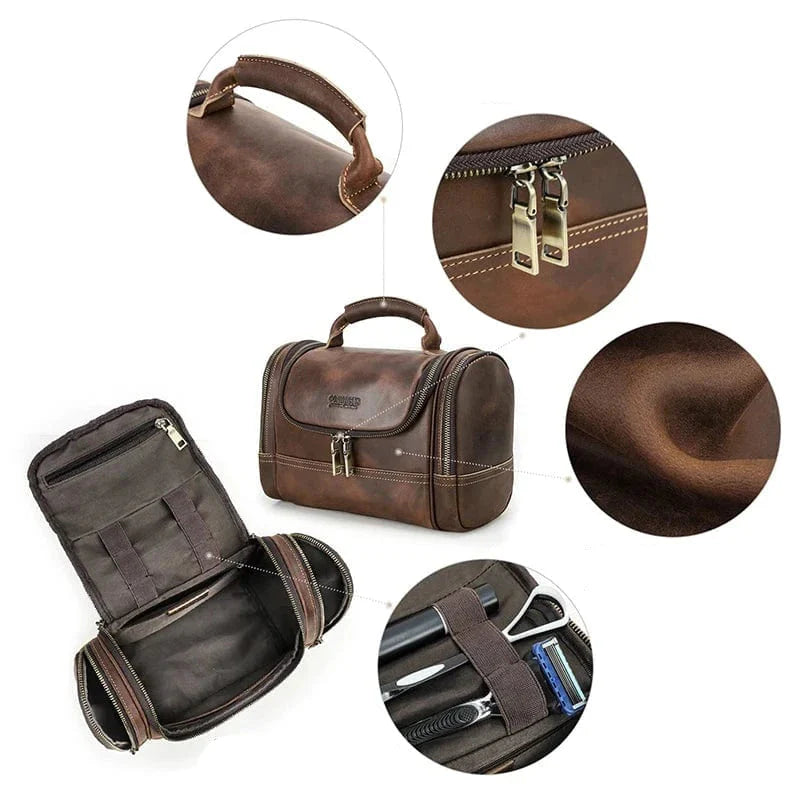 Organisation de voyage : trousse de toilette personnalisable en cuir pour homme, avec articles de bain.