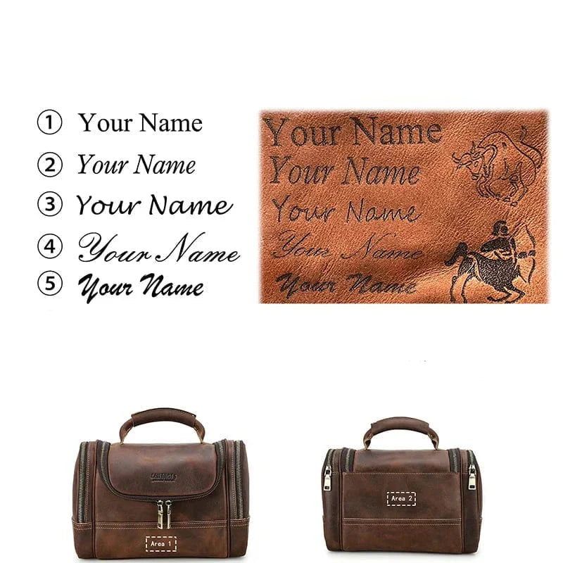 Trousse de toilette pratique et élégante en cuir café, pour homme, avec dragonne latérale.