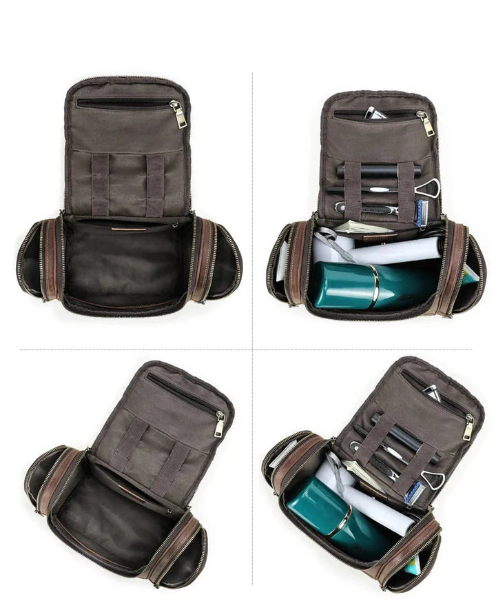 Article de voyage personnalisable : trousse de toilette en cuir marron pour homme, élégante et fonctionnelle.