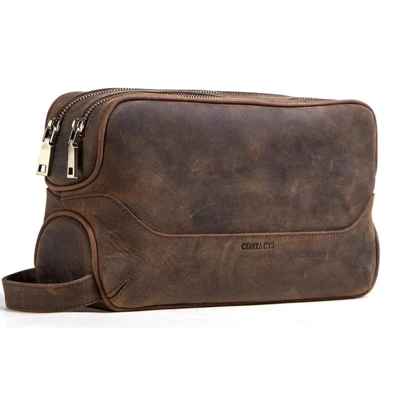 Trousse de toilette homme en cuir véritable marron, style vintage, vue de face, accessoires de voyage