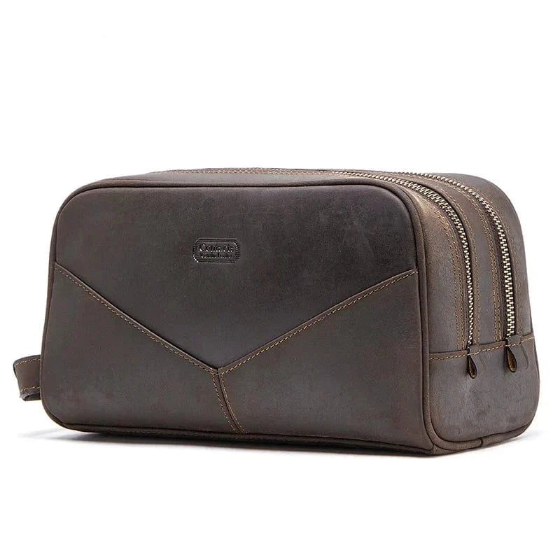 Trousse de toilette homme en cuir véritable marron, style vintage, idéale pour le voyage et l'organisation.