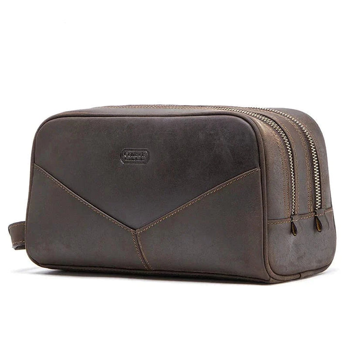 Trousse de toilette homme en cuir véritable marron, style vintage, idéale pour le voyage et l'organisation.