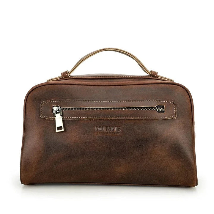 Trousse de toilette homme en cuir véritable marron, grand compartiment, idéale pour voyage ou salle de bain