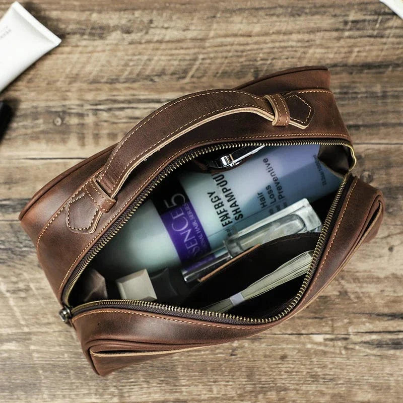 Trousse de toilette en cuir pleine fleur couleur café pour homme, design élégant et pratique, grand rangement
