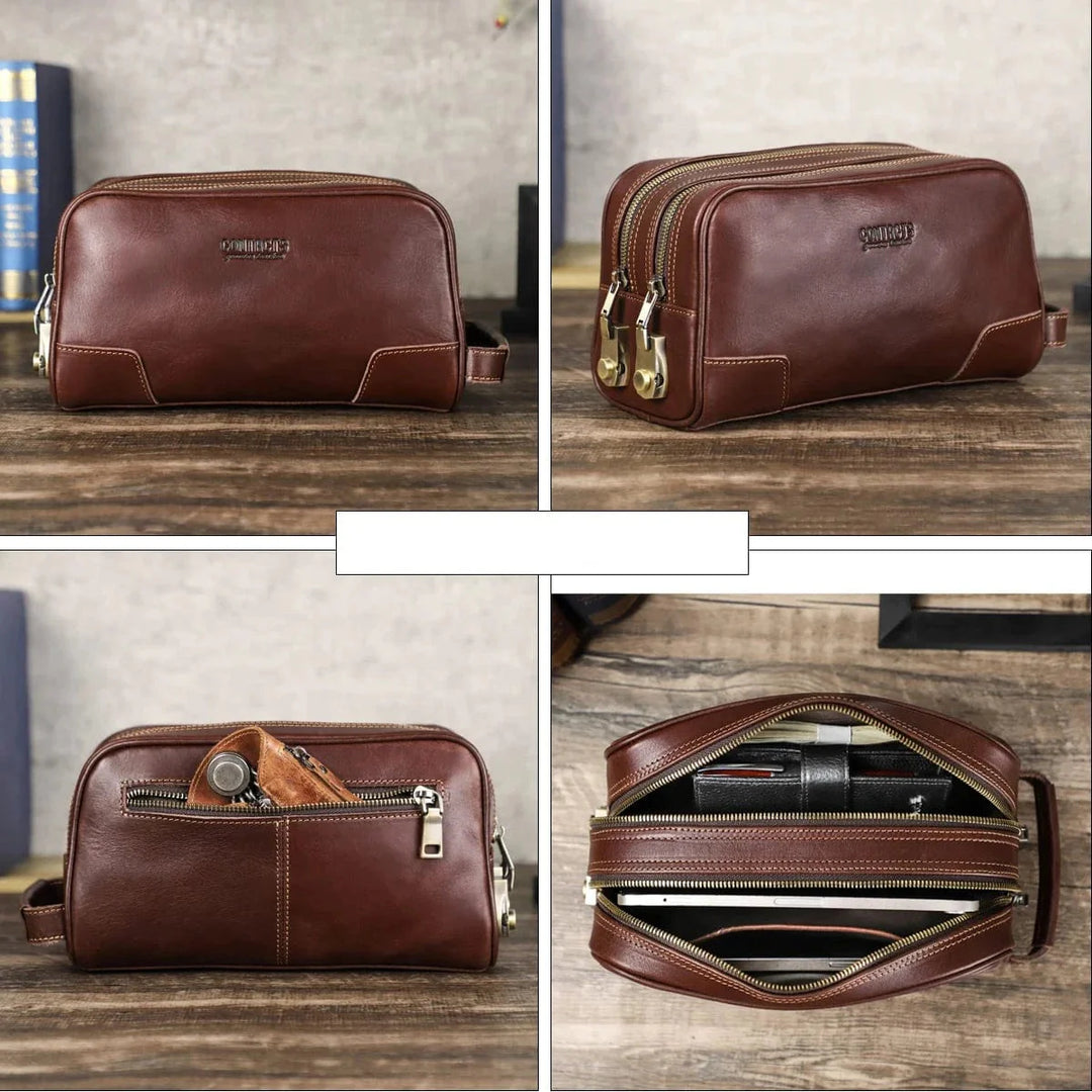 Trousse de toilette homme en cuir souple camel, idéale pour organiser les articles de rasage en voyage.