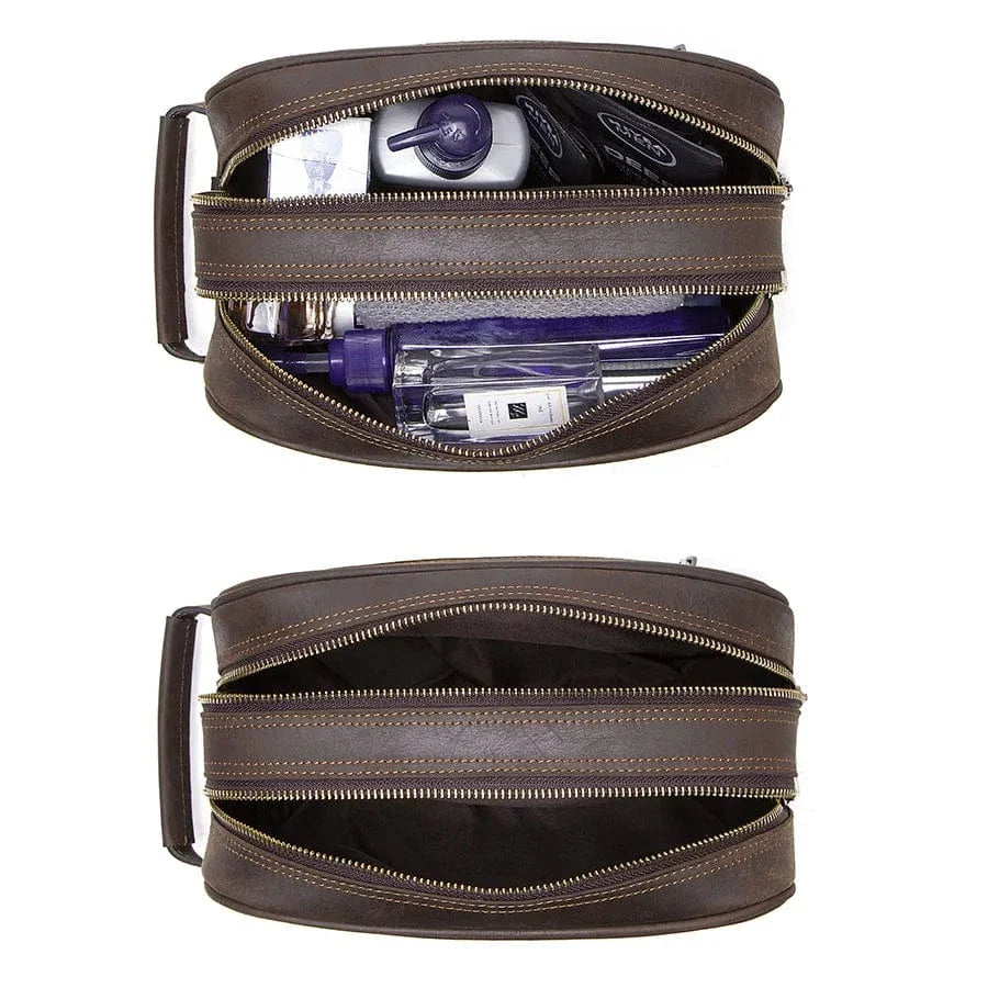 Trousse de toilette pour homme en cuir véritable couleur café, idéale pour l'organisation de vos essentiels.