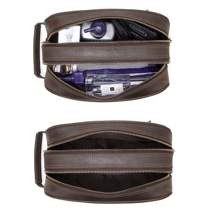Trousse de toilette pour homme en cuir véritable couleur café, idéale pour l'organisation de vos essentiels.