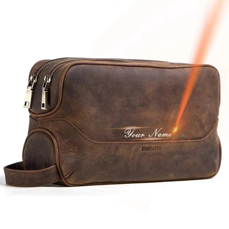 Trousse de toilette cuir vintage, fermetures éclair robustes, poignée pratique, accessoire de voyage homme