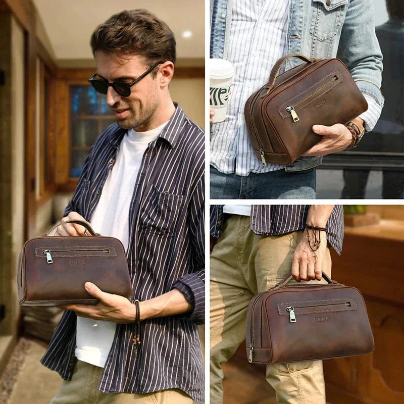 Trousse de toilette homme cuir souple marron, résistante à l'eau, parfaite pour essentiels de voyage