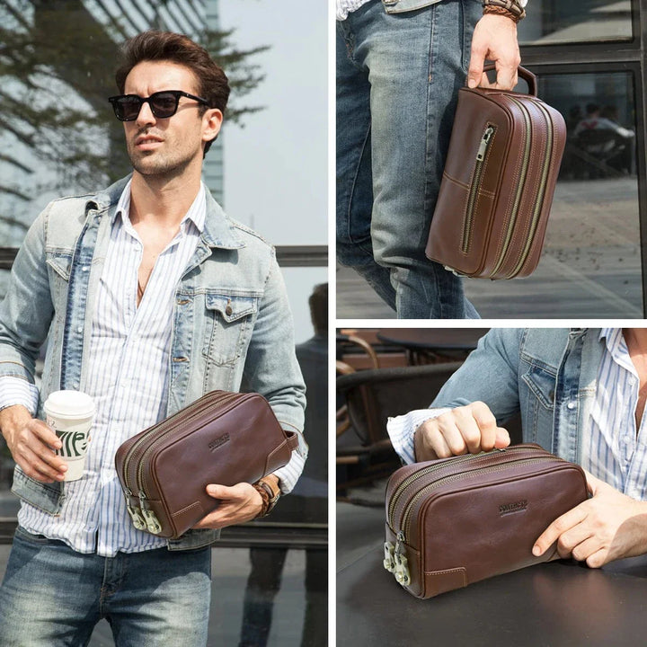 Gros plan sur la texture du cuir véritable d'une trousse de toilette homme, finition vieillie chic.