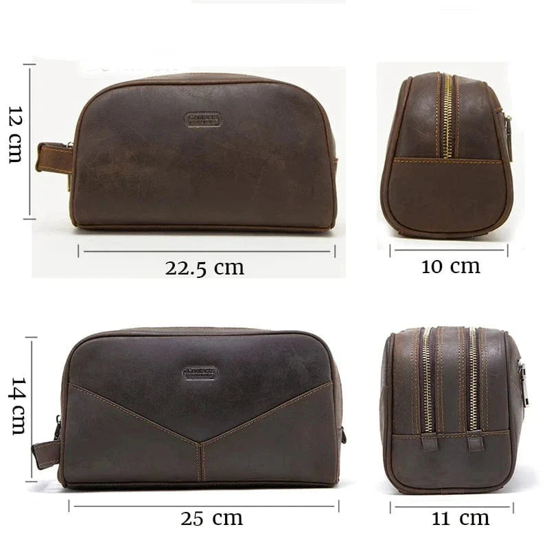 Coffret de toilette en cuir pleine fleur, robuste et spacieux, parfait pour les déplacements masculins.