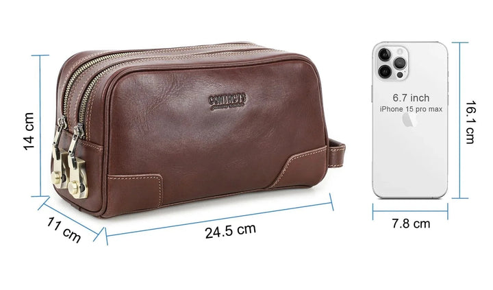 Trousse de toilette homme en cuir avec doublure intérieure résistante, grande capacité de rangement.