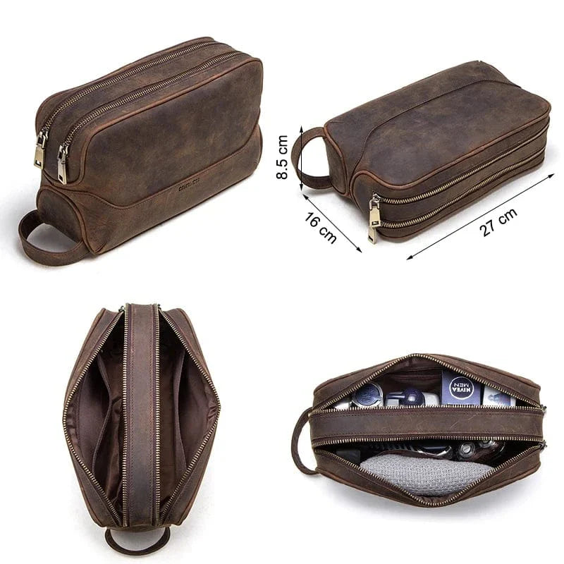 Trousse de toilette en cuir pour homme, posée sur une surface en bois, cosmétiques et rasoir à côté