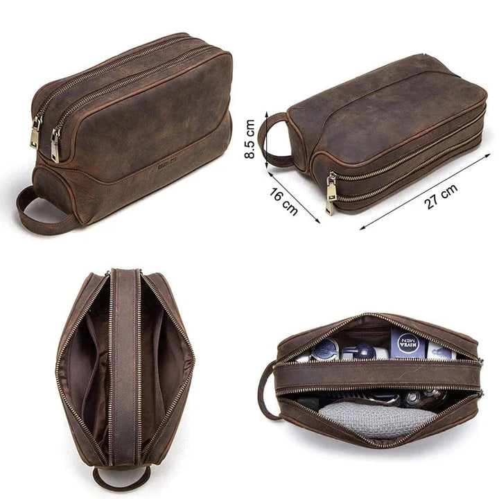 Trousse de toilette en cuir pour homme, posée sur une surface en bois, cosmétiques et rasoir à côté