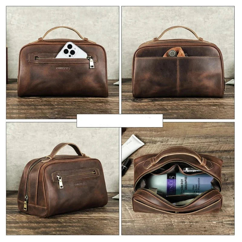 Trousse de toilette homme en cuir vintage, style intemporel, accessoire durable pour le rangement de voyage