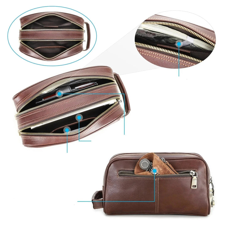 Élégante trousse de toilette masculine en cuir, posée sur une étagère en bois, prête pour le voyage.