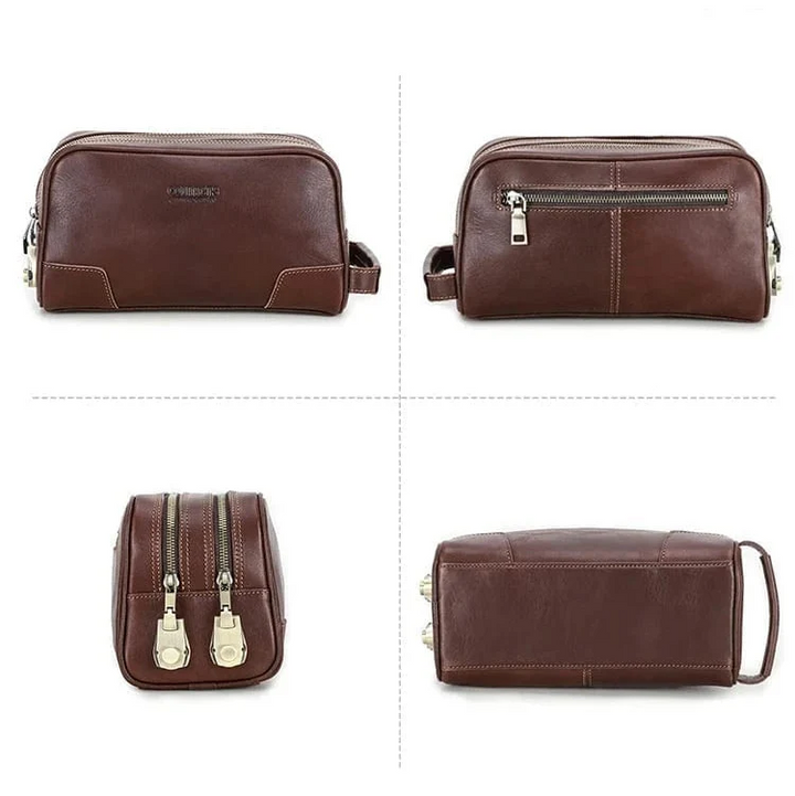 Trousse de toilette en cuir vintage pour homme, avec compartiments intérieurs, accessoire pratique.