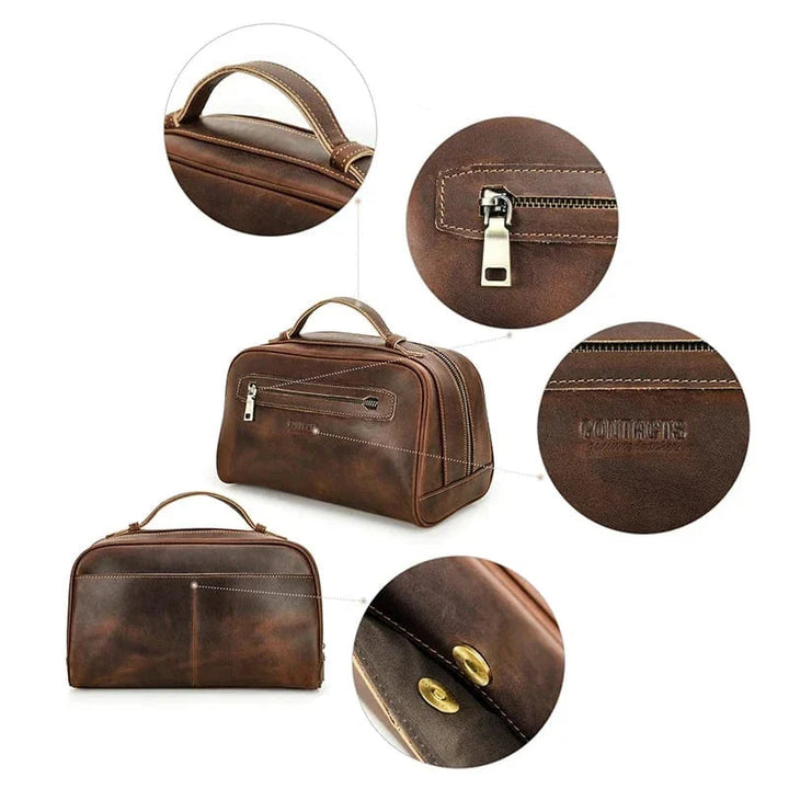 Vue intérieure de la trousse de toilette homme cuir, grande capacité, poches pour optimiser le rangement