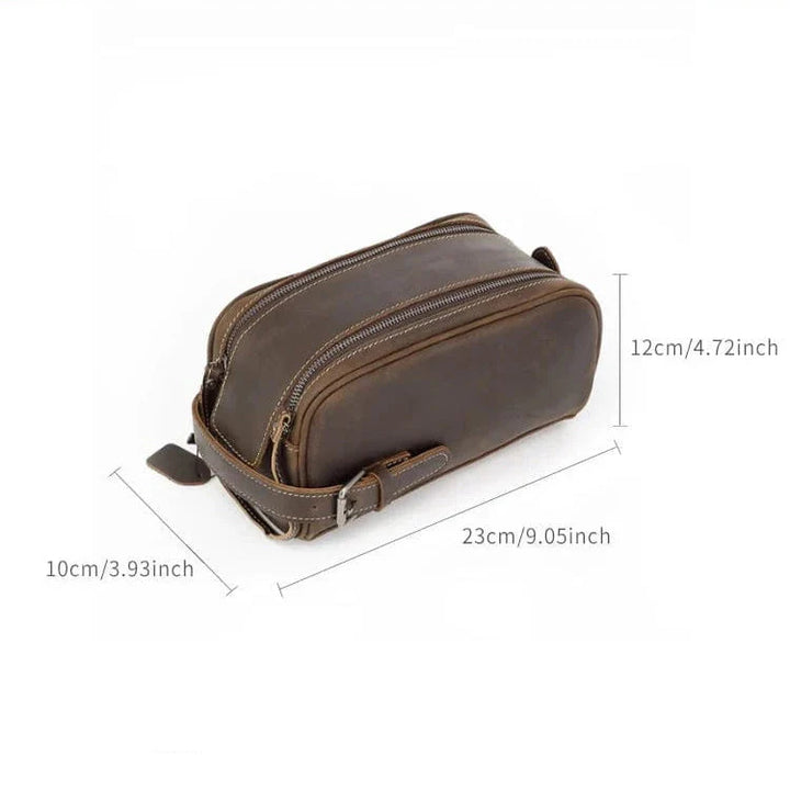 Trousse de rasage homme en cuir véritable, couleur café, parfaite pour organiser accessoires de salle de bain.