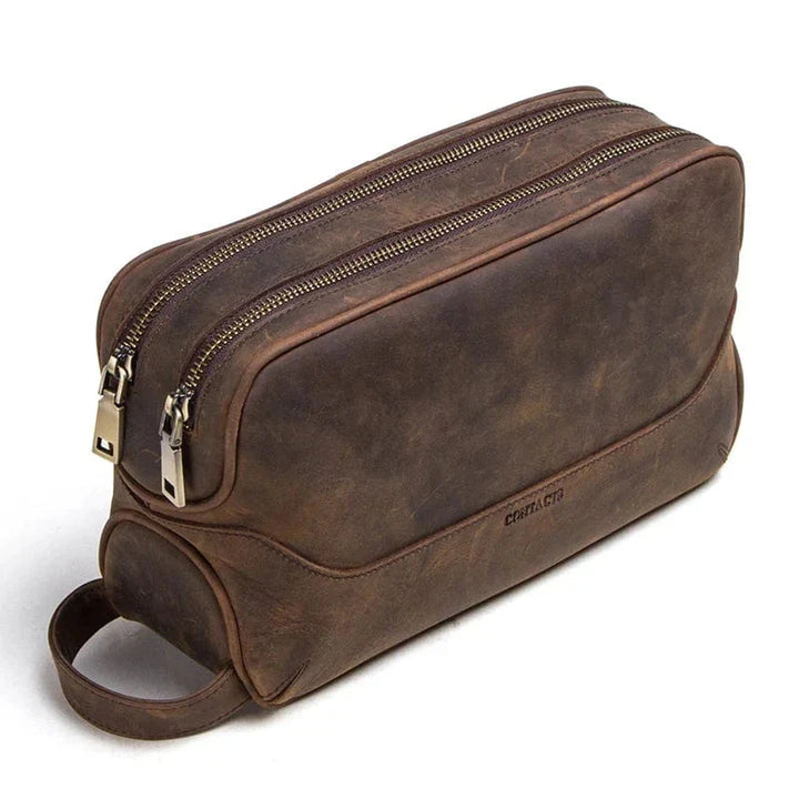 Trousse de toilette homme en cuir véritable vintage, marron foncé, pour voyage et organisation