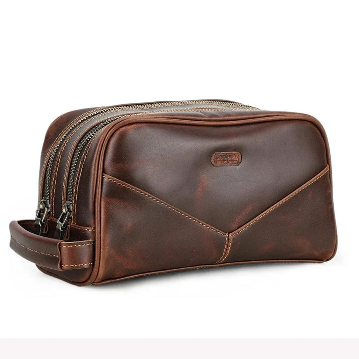 Trousse de toilette homme en cuir vintage avec un nécessaire de toilette organisé, parfaite pour l'organisation et le voyage