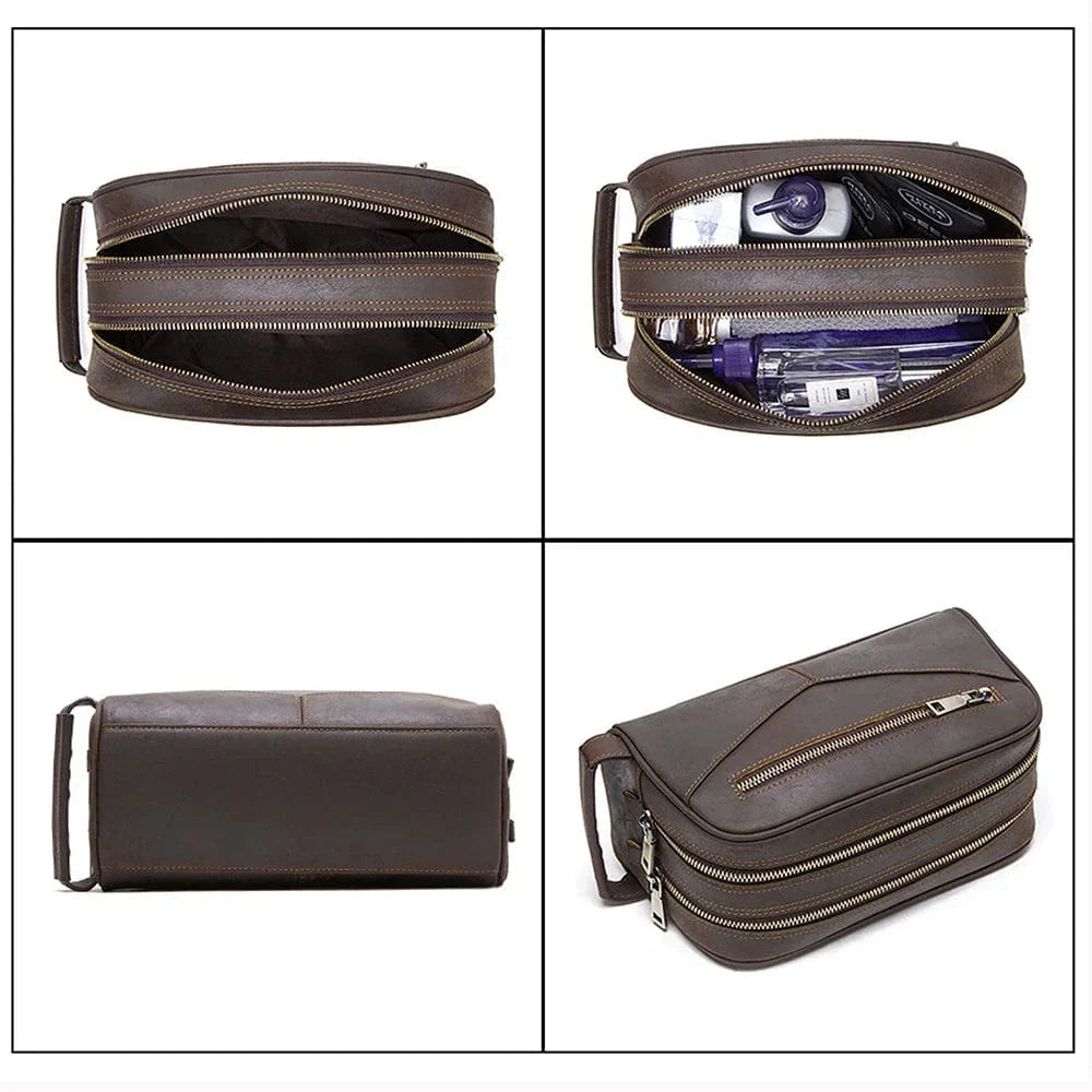 Trousse de toilette homme en cuir vintage ouverte, montrant l'intérieur spacieux et la doublure, idéale voyage