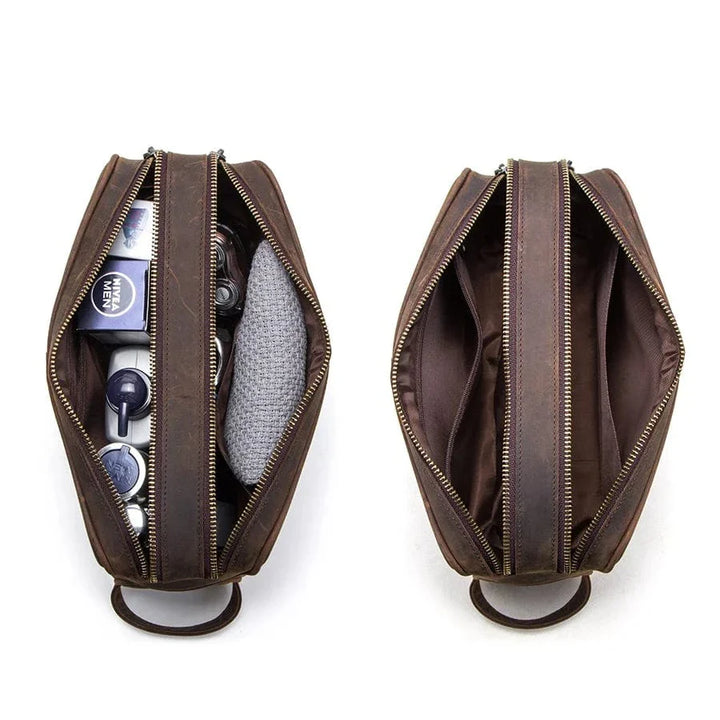 Accessoire de voyage pratique: trousse de toilette homme en cuir vintage avec fermeture éclair robuste