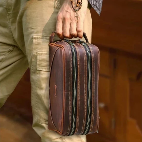 Ensemble de deux trousses de toilette homme en cuir véritable vintage, différentes tailles, pour cadeau ou voyage
