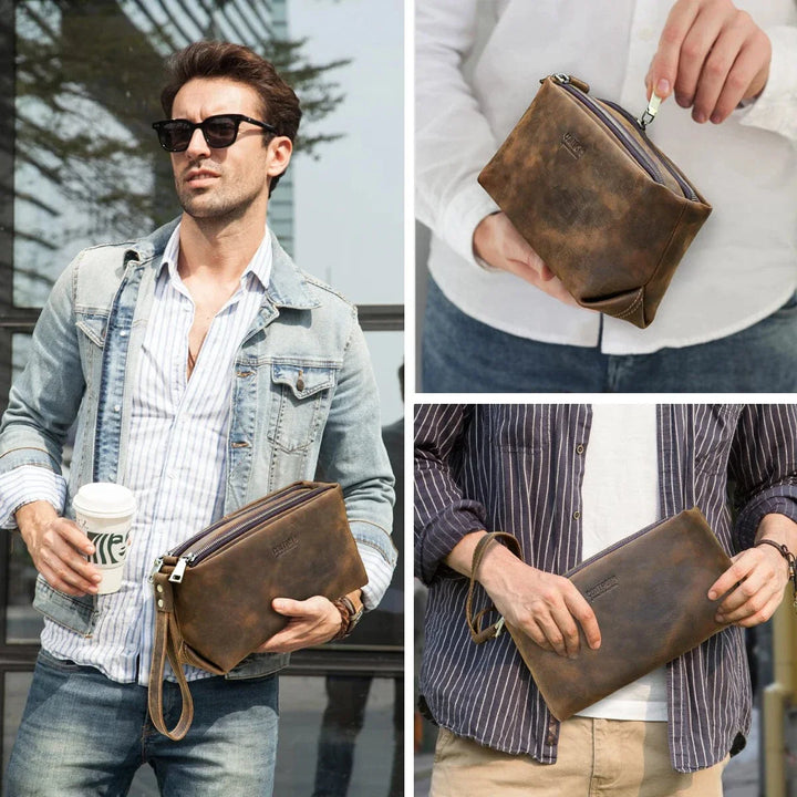 Trousse de toilette pour homme en cuir véritable vintage, couleur café, style rétro.