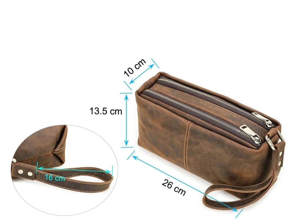 Accessoire de voyage homme: trousse en cuir vintage pour produits de toilette masculins.