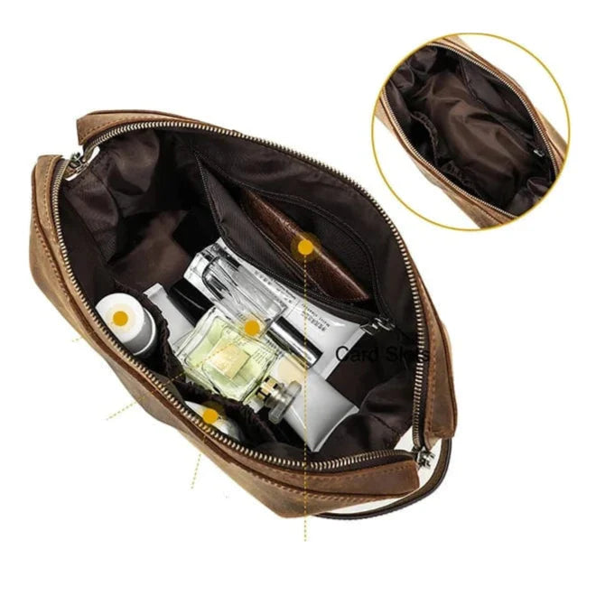 Article de voyage homme: trousse de toilette en cuir crazy horse, couleur café