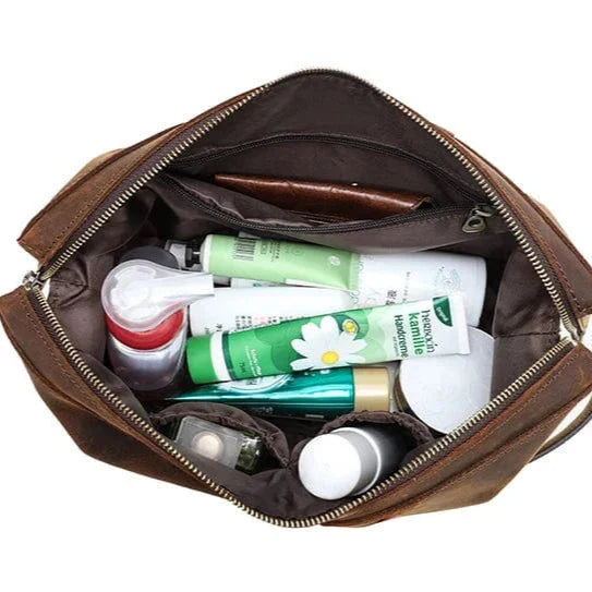 Sac de toilette en cuir véritable pour homme, style vintage, marron café, spacieux
