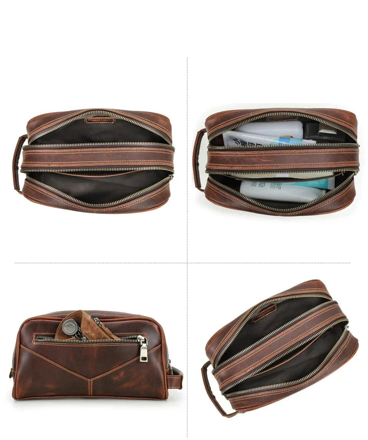 Trousse de toilette homme en cuir noir, élégamment disposée sur une serviette, prête pour le départ.