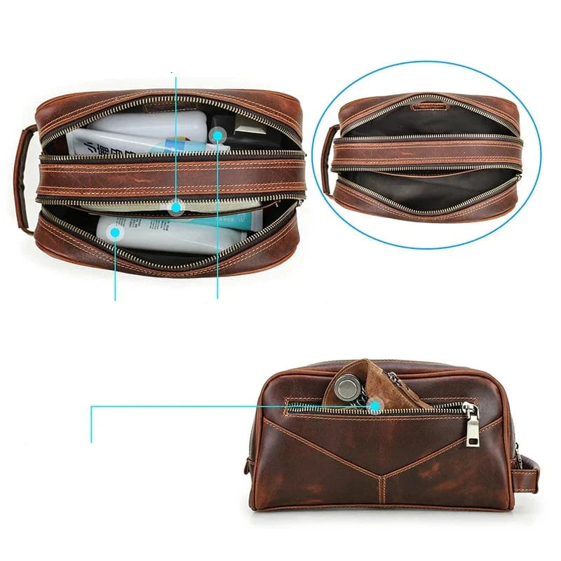 Trousse de toilette en cuir avec brosse à dents et rasoir, prête pour le voyage.