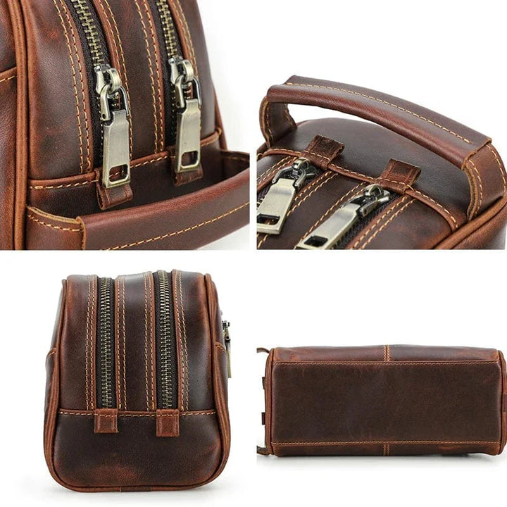 Vue latérale d'une trousse de toilette homme en cuir marron avec poignée pratique.