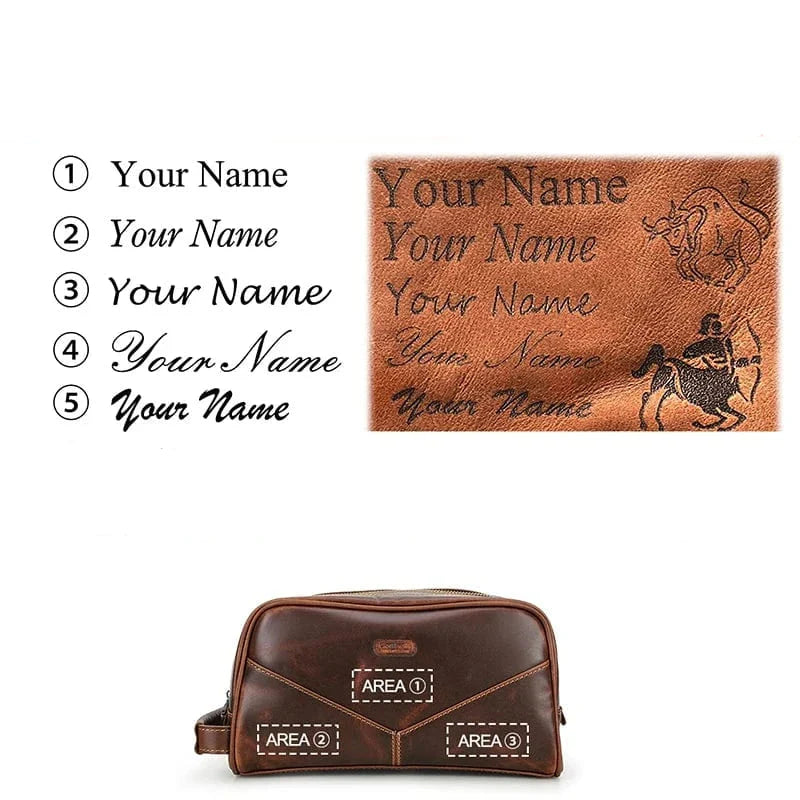 Trousse de toilette personnalisée 'Cadeau Papa' en cuir Crazy Horse, sur une étagère en bois.