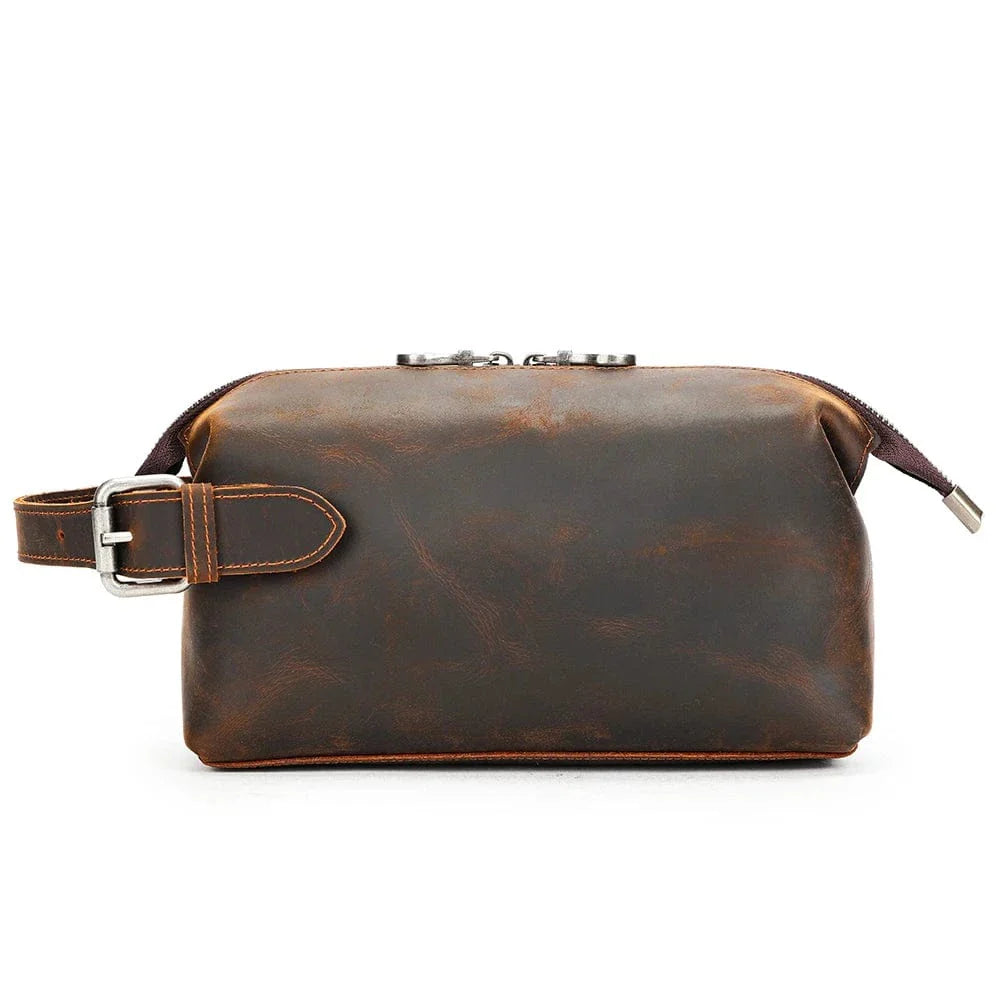 Trousse de toilette en cuir véritable vintage pour homme, couleur café, accessoire de voyage essentiel et élégant.