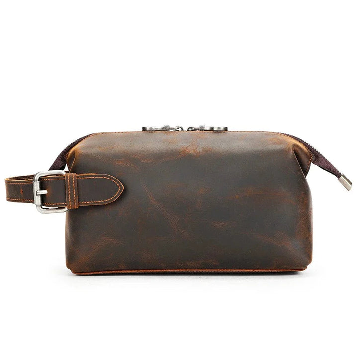 Trousse de toilette en cuir véritable vintage pour homme, couleur café, accessoire de voyage essentiel et élégant.