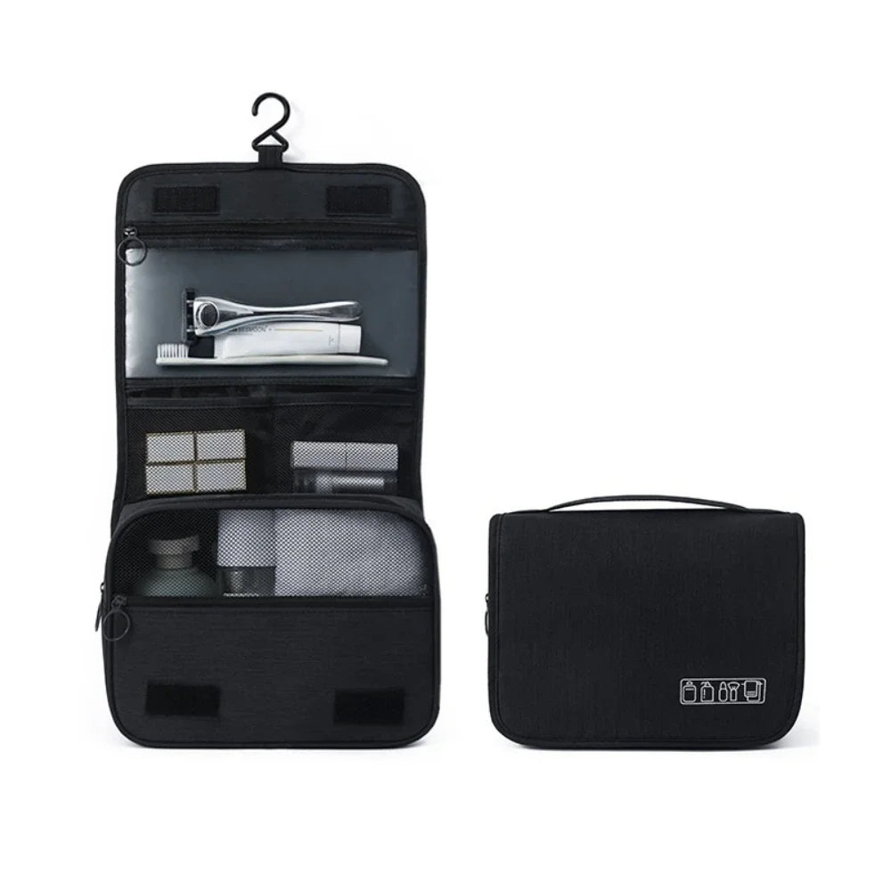 "Trousse de toilette imperméable, design compact et élégant avec multiples compartiments, idéale pour voyage organisé."